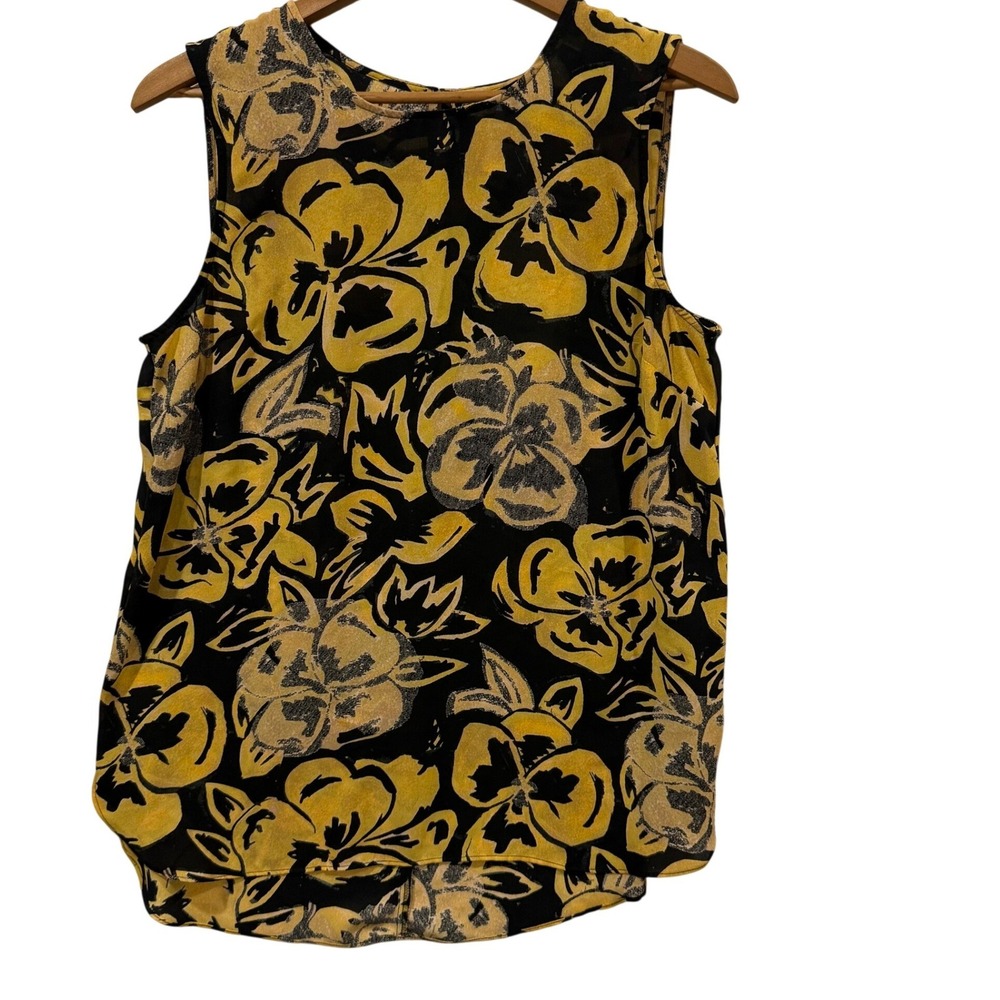 Who What Wear Women Dijon Yellow Black Floral Sleeveless Blouse Size M NWT